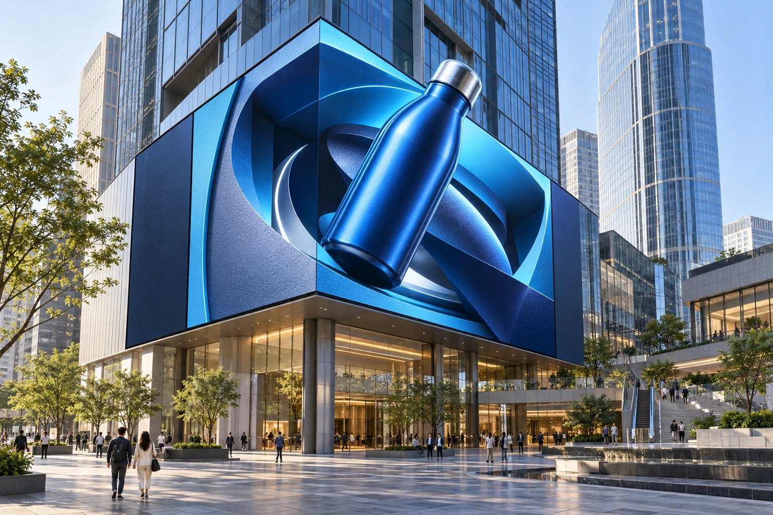Large outdoor screen showing product CGI in a public plaza