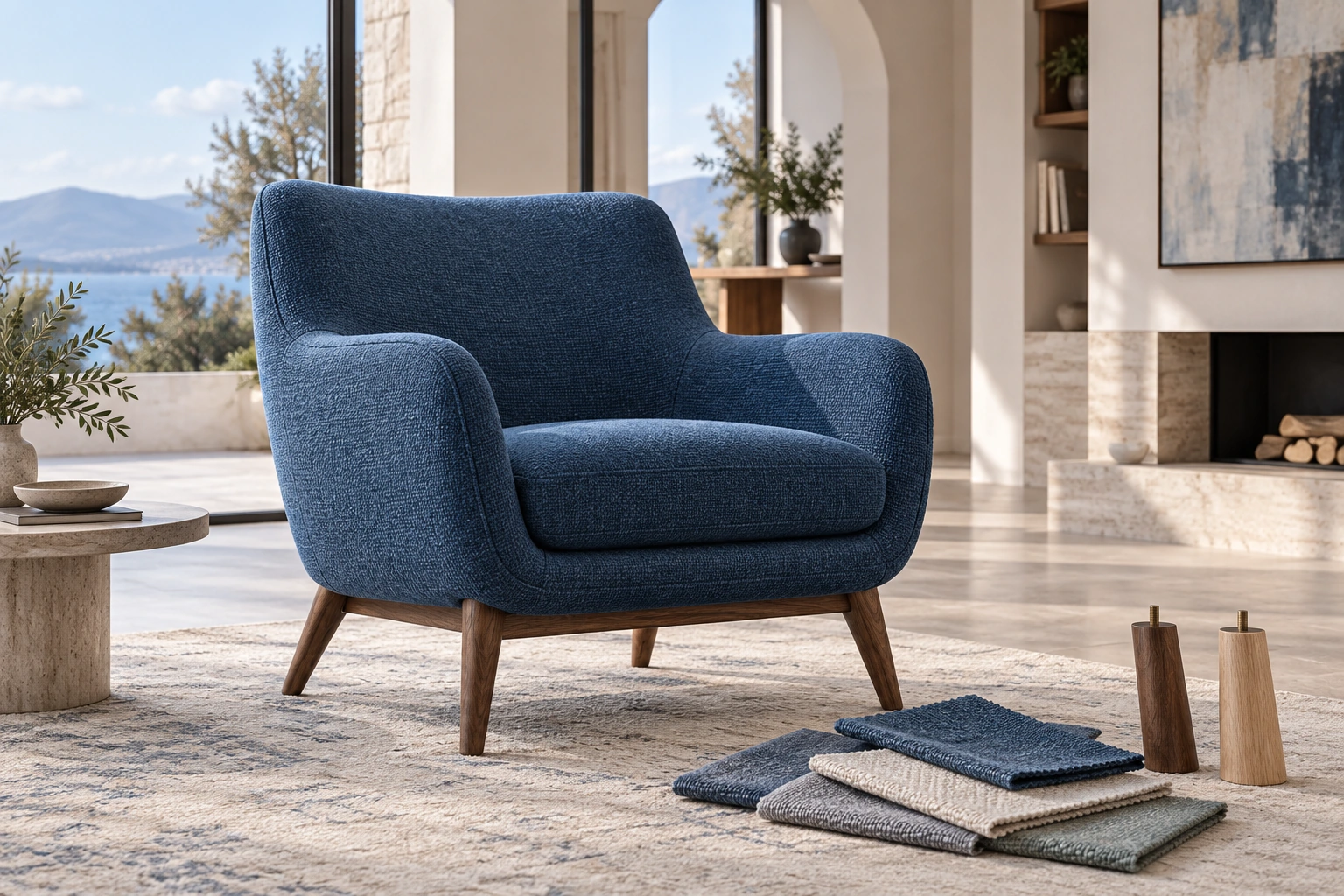 Premium blue armchair with fabric swatches and alternative leg finishes