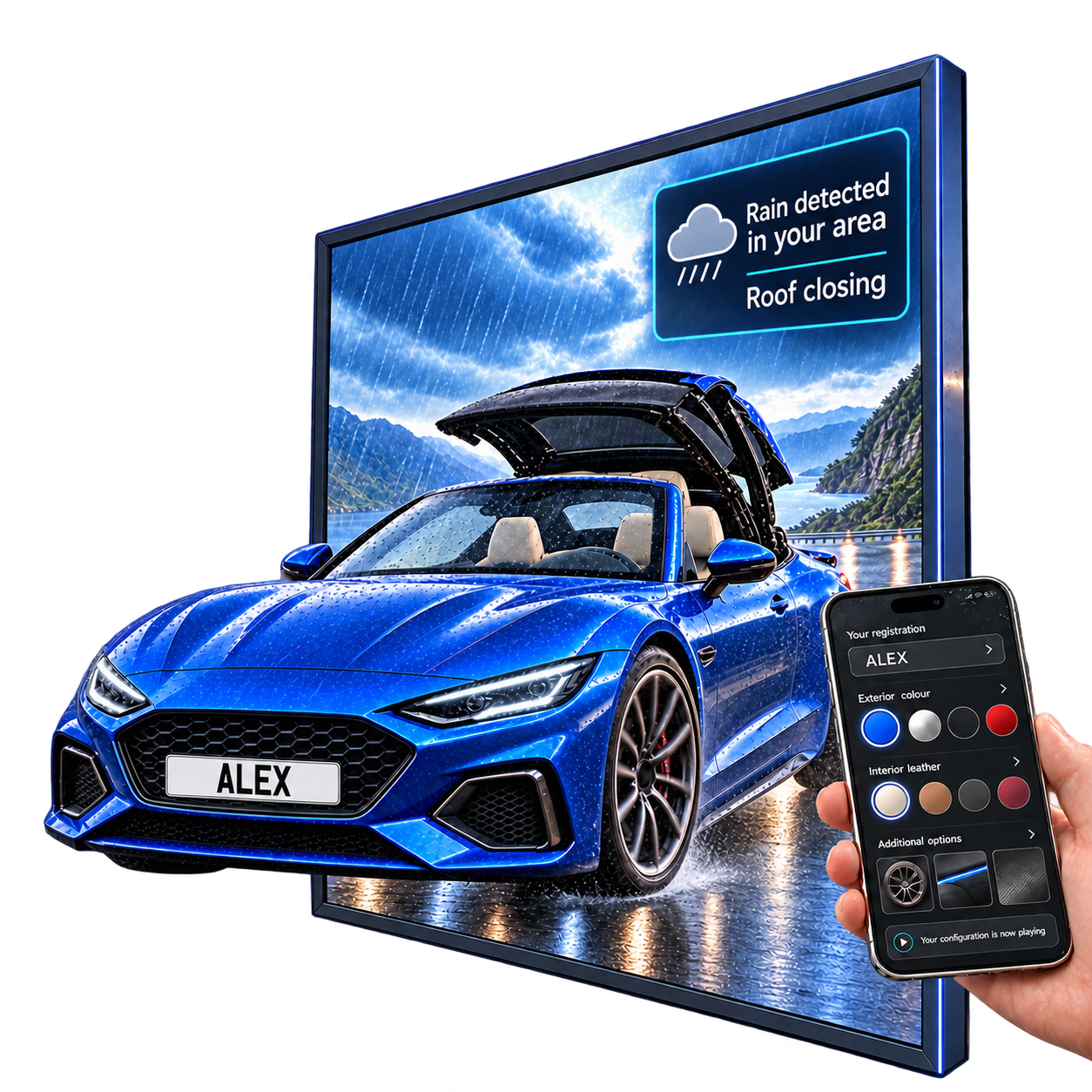 Concept: a blue convertible emerges from a screen. Live rain triggers its roof to close, while a phone chooses its colour and the personalised ALEX number plate.